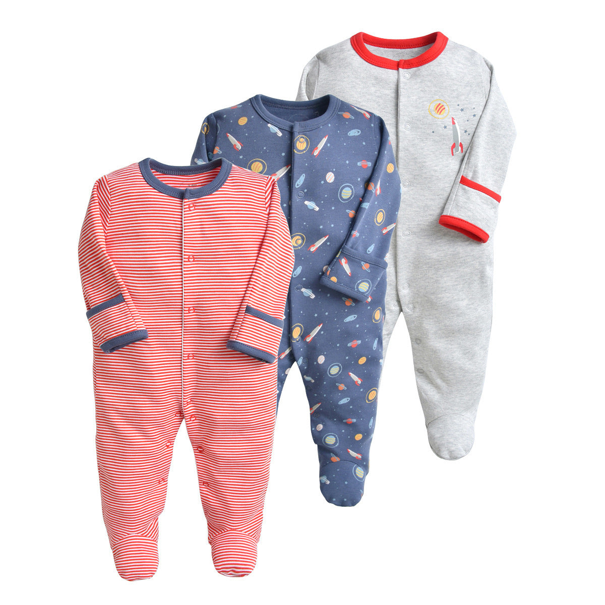 3-Pack Cozy Footed Baby Sleepsuits – Space & Stripes Edition (0–12 months old)