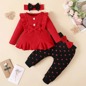 Toddler Baby Girl Clothes Sets Bowknot Red Top Love Printed Trousers